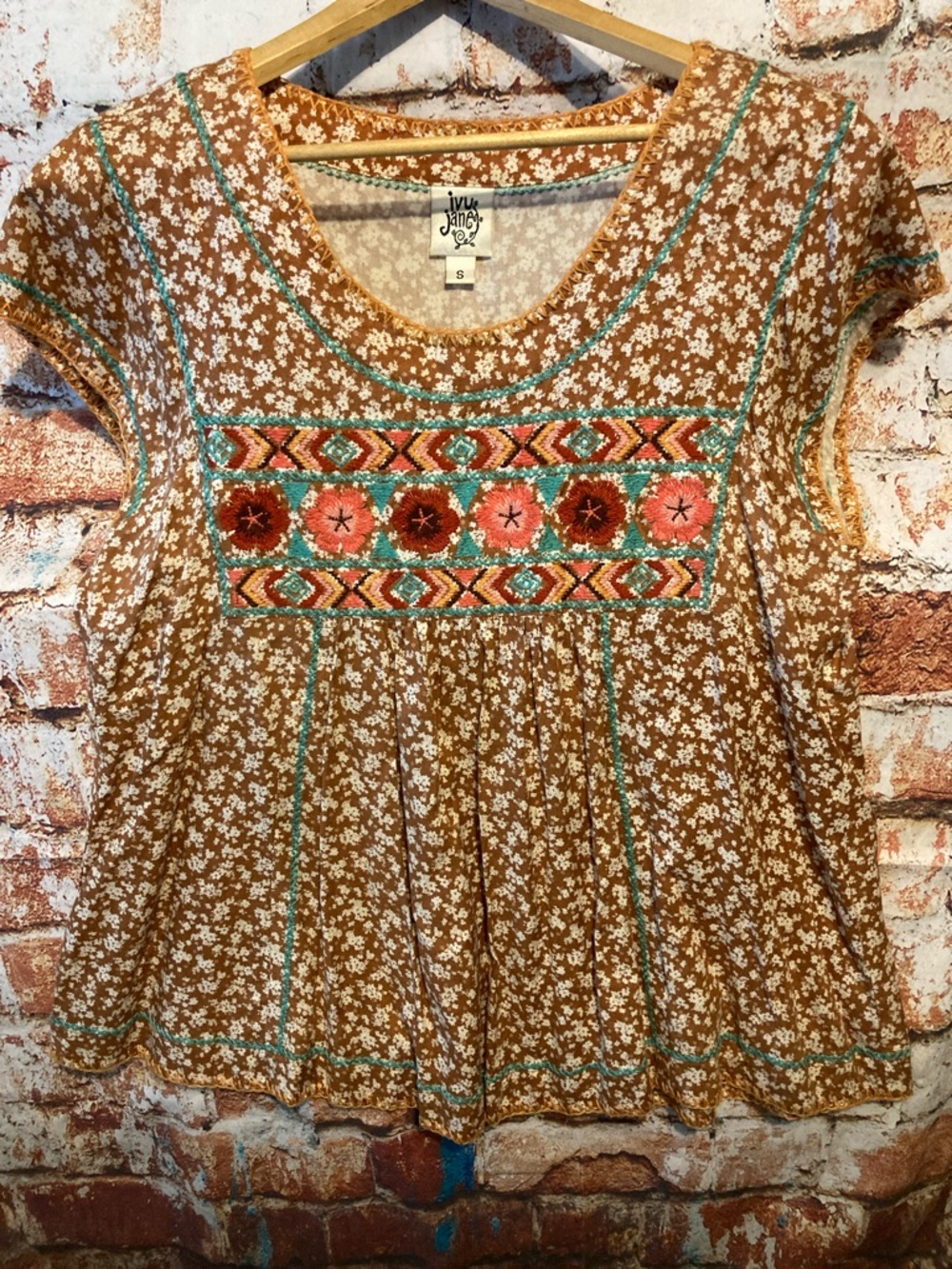 ivy jane Rust Brown Floral Tunic with Coral & Teal Embroidery